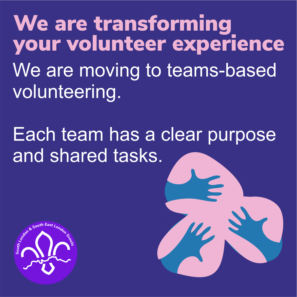 We are moving to teams-based  volunteering.  Each team has a clear purpose and shared tasks. 